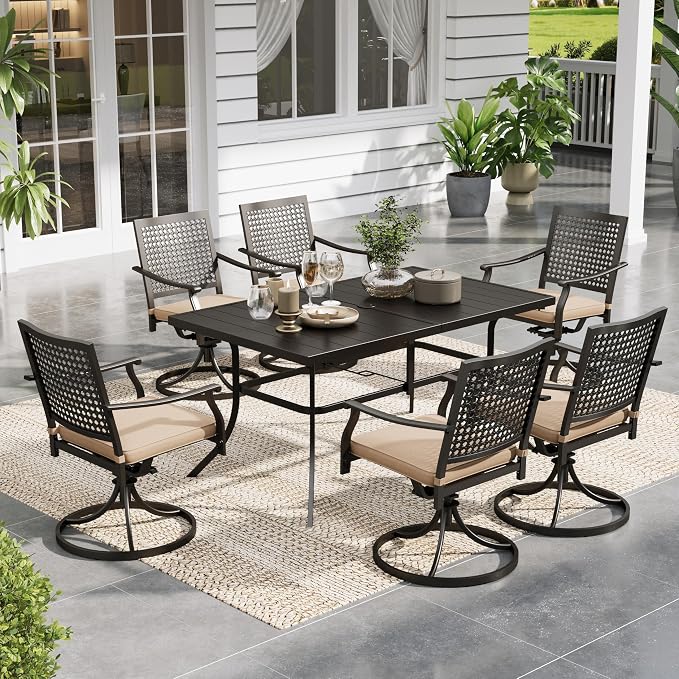 Sophia & William Outdoor Patio Dining Set 7 Piece with 6 Swivel Dining Metal Chairs and 1 Rectangular Dining Table (1.9" Umbrella Hole) Outdoor Table Furniture Set for Garden Deck Backyard, Black