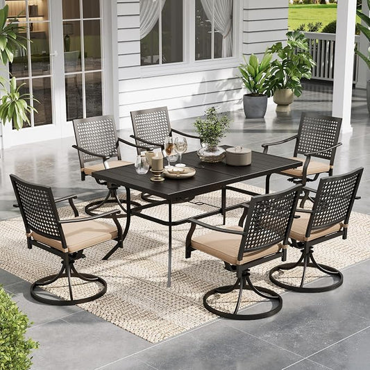Sophia & William Outdoor Patio Dining Set 7 Piece with 6 Swivel Dining Metal Chairs and 1 Rectangular Dining Table (1.9" Umbrella Hole) Outdoor Table Furniture Set for Garden Deck Backyard, Black