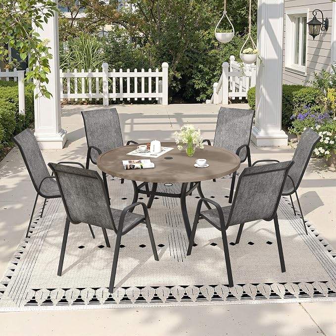 7 Pieces Outdoor Dining Set, 47.2" Round Table with Umbrella Hole & Stackable Patio Dining Chairs, Patio Table and Chairs Set for Deck Garden Porch, Grey Chairs & Grey Table