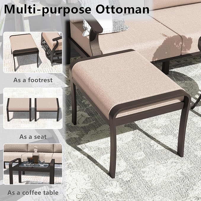 ALAULM Aluminum Patio Furniture Set with Coffee Table Rectangular, 5-seat Outdoor Sectional Furniture w/2 Swivel Chairs, Patio Conversation Set for Porch, Backyard, Sand