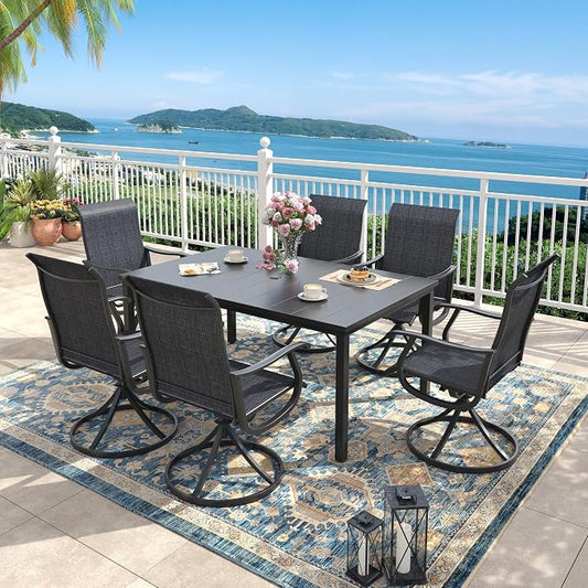Outdoor Dining Set for 6, 63" Metal Outdoor Dining Table with Umbrella Hole and Sling Patio Swivel Chairs, 7 Pieces Patio Table and Chairs Set for Garden Backyard, Charcoal and Black