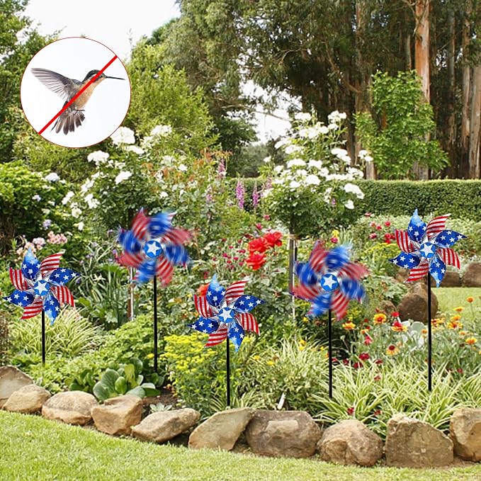 Hausse 10 Pack Reflective Pinwheels Patriotic Decorations (Assembly Required), American Flag Wind Spinner with Stake for Independence Day, Memorial Day July of 4th, Scare Birds Repellent Devices