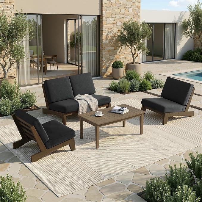Pia Ricoo 4 Piece Patio Furniture Sets, Outdoor Loveseat Sofa Set with 2 Chairs & Coffee Table, Patio Conversation Set for Backyard, Deck, Lawn, Drak