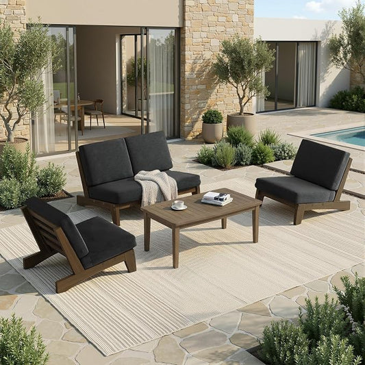 Pia Ricoo 4 Piece Patio Furniture Sets, Outdoor Loveseat Sofa Set with 2 Chairs & Coffee Table, Patio Conversation Set for Backyard, Deck, Lawn, Drak