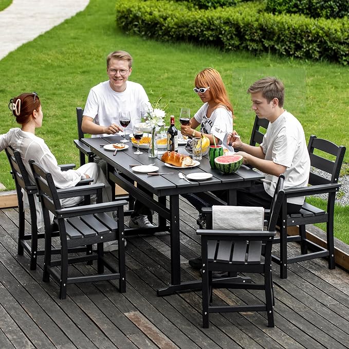 nalone 7-Piece Patio Dining Table Set, HDPE Outdoor Dining Sets with Table and 6 Chairs, Dining Furniture Set with Umbrella Hole (Black, 7 Pcs)