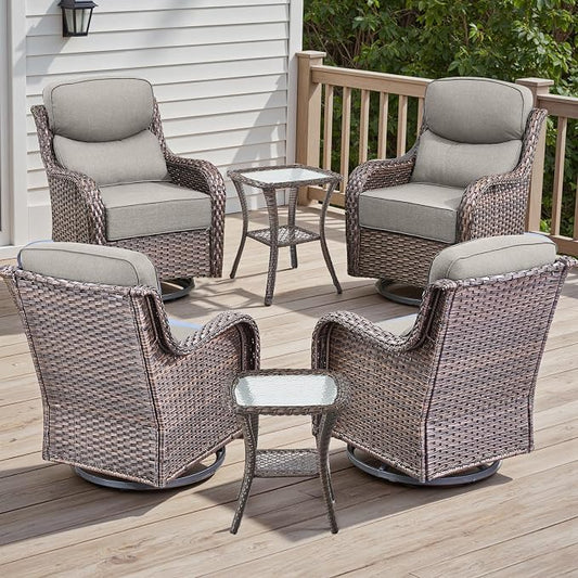 Rilyson Outdoor Patio Furniture Set - Weather Resistant Wicker,High Back,6 inch Cushions,6 Piece Patio Furniture Set with Swivel Rocker Chairs and Side Table for Deck Porch Yard,Brown/Beige