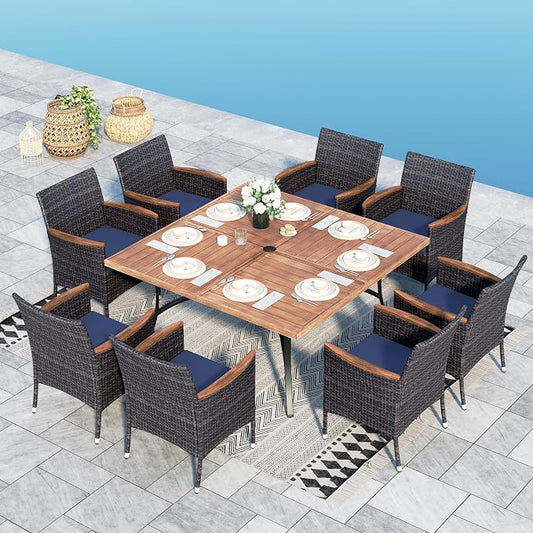 Sophia & William 9pc Square Patio Dining Set for 8, Rattan Chairs | Patio Table Set for 8, Teak Color Metal Table with Umbrella Hole, Wicker Chairs, Rust-Resistant Frame