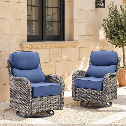Swivel Patio Chairs sofa Set of 2 with 6" Thick Cushion - Wicker Outdoor Swivel Rocker Patio Chair ,Sofa/Glass coffee table, High Back Comfortable Outdoor Glider Chairs - Grey Wicker | Blue Cushions