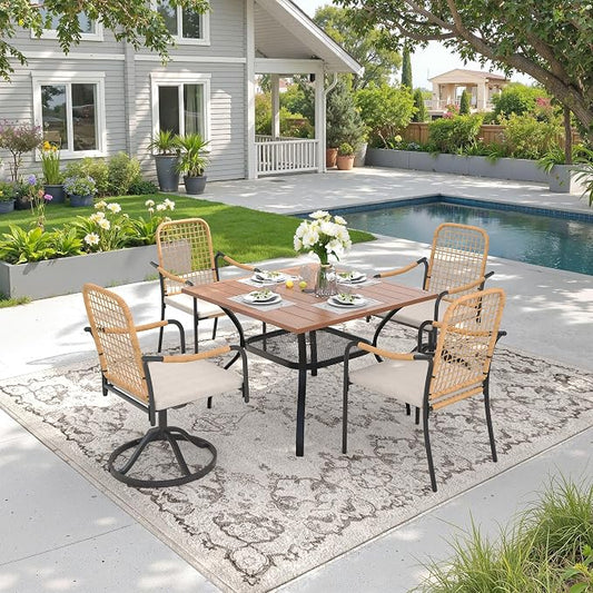 DIFY 5 Pieces Outdoor Dining Set for 4, 37.8" Walnut Square Metal Table with 2 Stackable Wicker Patio Chairs & 2 Swivel Chairs, Patio Furniture Set with Cushions and Umbrella Hole, Wheat Rattan
