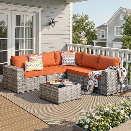 6 Pieces Patio Furniture Set, Outdoor Wicker Sectional Sofa with 7.7" Extra Wide Armrests, Modern Rattan Modular Conversation Set with Thickened Deep Seat Cushions for Garden, Backyard, Orange-Red