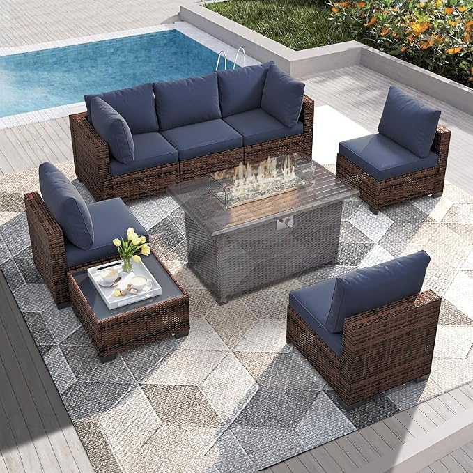 7 Pcs Patio Furniture Set, All-Weather Wicker Sofa Brown & Blue | Weather Resistant PE Rattan | Thick Cushions | Removable Easy Clean | 450 lbs | Ideal for Backyards, Poolside, Balcony