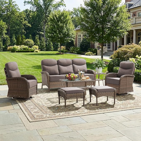Luxury Patio Furniture Set with 6-inch Thick Cushions, Outdoor Furniture Set with High Back Swivel Chairs, 7 PCS Wicker Outdoor Conversation Set for Porch, Patio, Yard, Deck, Poolside, Brown/Grey