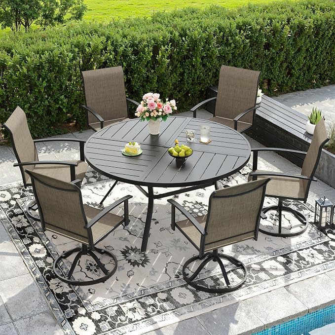 DIFY 7 Pieces Outdoor Dining Set, Metal Patio Table and Chairs Set for 6 with Umbrella Hole, 50" Black Round Table and Brown Textilene Swivel Patio Chairs for Garden, Backyard, Poolside