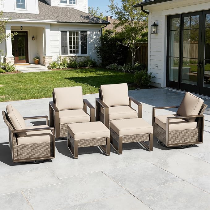 6 Pieces Metal Wicker Patio Furniture Set - Four Swivel Chairs and Two Ottomans, All Weather Rattan Outdoor Conversation Furniture with Washable Cushion for Deck Porch, Beige
