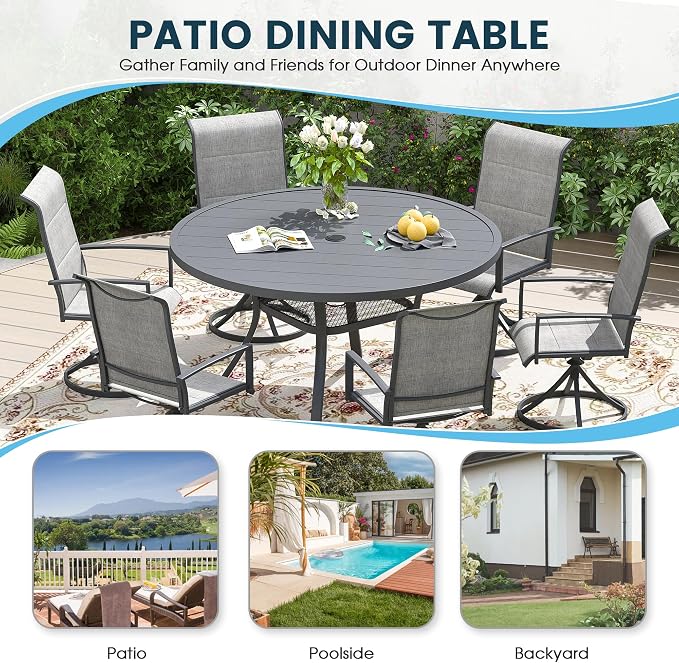 Patio Dining Table for 4-6, Round Metal Outdoor Table with 1.57" Umbrella Hole, 47" Outdoor Slat Tabletop Dining Table for Backyard, Porch, Lawn, Dark Grey