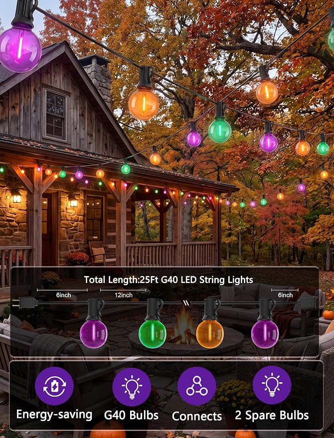 LED Outdoor String Lights 25Ft Orange Purple and Green Halloween Lights Outdoor with 27 Shatterproof LED Globe Bulbs, Connectable Halloween Decorations Lights for Home Patio Garden Christmas Party