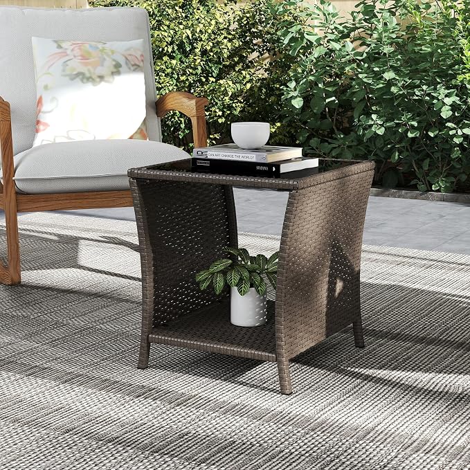 Outdoor Small Patio Table - PE Rattan Coffee Table, Wicker Side Table for Patio, Balcony & Porch, Durable & Iron Frame (2, Sesame)