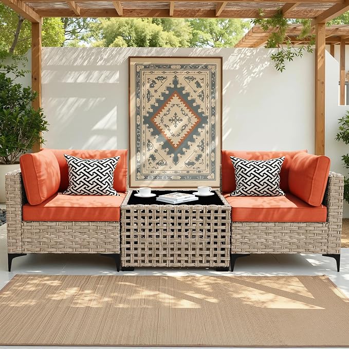 3 Pieces Patio Sectional Furniture Set, Outdoor Wicker Sectional Couch with Solar Lights Table, Modern Conversation Set for Porch Balcony Backyard, Red