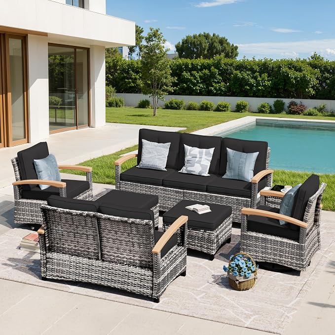 MEISSALIVVE 7 Pieces Outdoor Patio Furniture Sets, Wicker Patio Conversation Sets with 2 Wood Armrests Swivel Glide Chairs, Outdoor Couch for Deck Yard and Poolside (Black)
