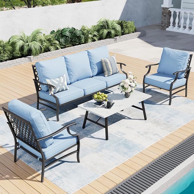 SUNSHINE VALLEY 4 Piece Metal Outdoor Patio Furniture Sets, Patio Conversation Sets 1 3-seater Sofa, 2 Fixed Chair with 5.75" Extra Thick Cushion and Coffee Table, Black Frame Backyard Furniture, Blue