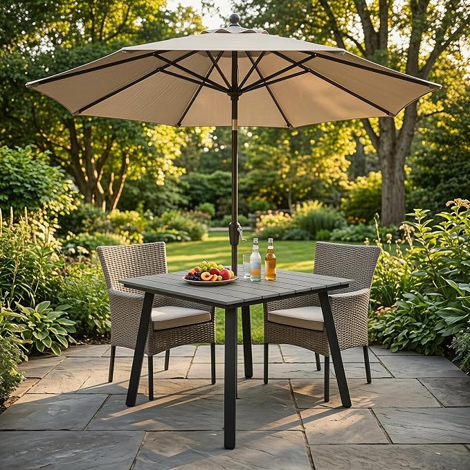 35" Square Patio Dining Table, with Umbrella Hole, Heavy-Duty Iron Frame and WPC Top, All-Weather Outdoor Patio Table for Backyard, Garden and Outdoor Dining