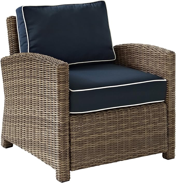 Crosley Furniture Bradenton 5-Piece Outdoor Sectional Sofa Wicker Conversation Patio Furniture Set for Deck, Brown with Navy Cushions