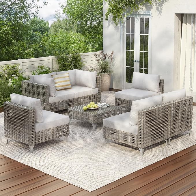 7-piece Wicker Patio Furniture Set, Outdoor Conversation Set Sectional Sofa with Water Resistant Grey Thick Cushions and Coffee Table for Outdoor Couch, Porch, Backyard - Grey