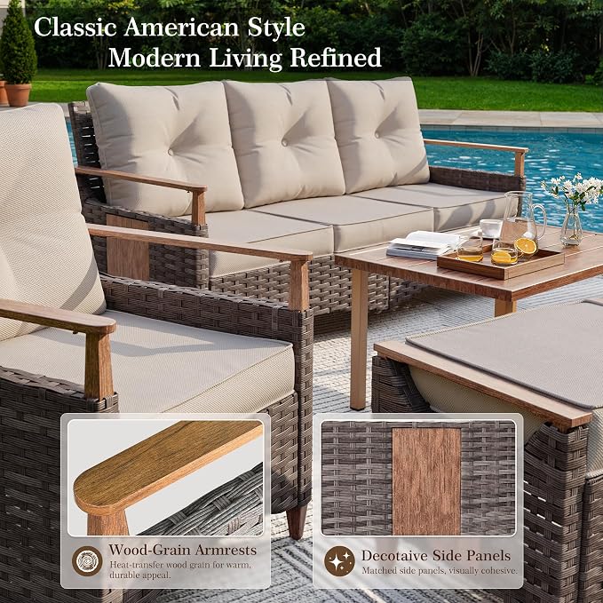 NestNook 6 Pieces Patio Furniture Set, Outdoor Conversation Set with All-Weather Handwoven PE Wicker Sofa, Rattan Chairs and Thick Cushion, Coffee Table & Ottoman for Backyard, Deck & Poolside, Beige