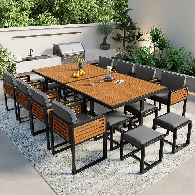 18-Piece Outdoor Patio Acacia Wood Dining Table Set, 2 Square Table with 8 Cushioned Chairs& 8 Stools, All-Weather Resistant Conversation Set with Metal Frame, Space-Saving Design for 8 (Gray-18P)