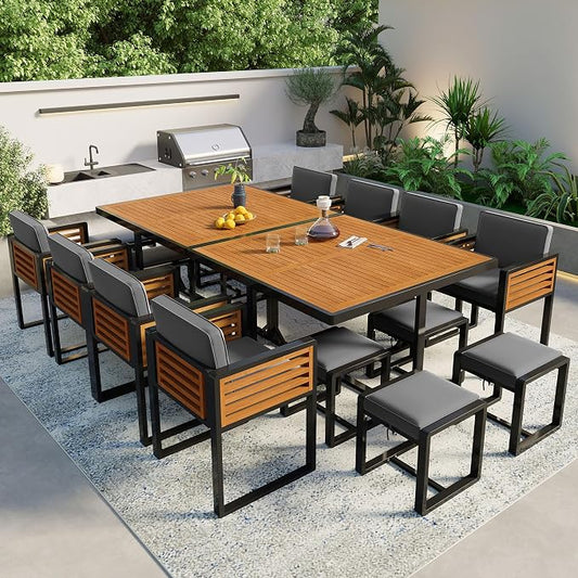 18-Piece Outdoor Patio Acacia Wood Dining Table Set, 2 Square Table with 8 Cushioned Chairs& 8 Stools, All-Weather Resistant Conversation Set with Metal Frame, Space-Saving Design for 8 (Gray-18P)