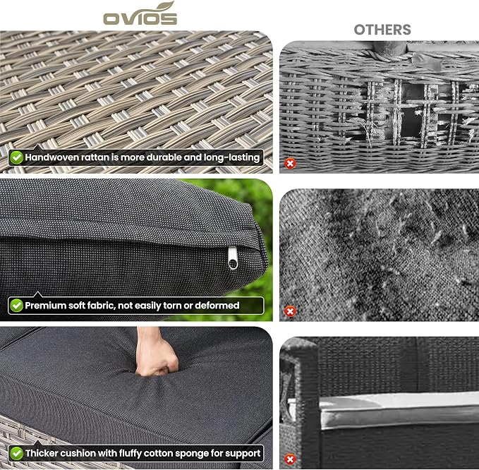 ovios 9-Piece Patio Furniture Set with L-Shape Sofa Chaise, Outdoor Sectional Couch Swivel Gliders Fire Pit Table, Modern Modular Wicker Rattan Conversation Set, Black