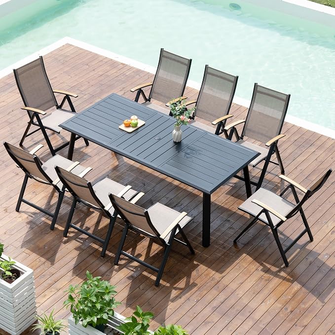 Pellebant 9 Pieces Aluminum Patio Table and Chairs Set - 83" Rectangular Table and Foldable Chair Outdoor Dining Set with Umbrella Hole, Weather Resistant Sturdy Frame for Deck, Porch & Backyard