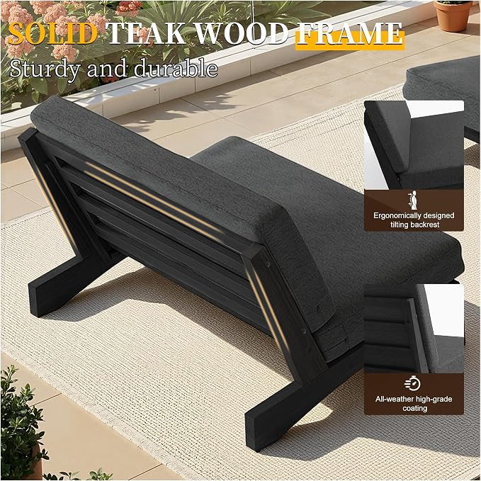 6 Piece Teak Outdoor Patio Frutnire Set, 7 Seater Patio Conversation Sets with Thick Cushions, Outdoor Sectional Furniture with Coffee Table - Dark Gray