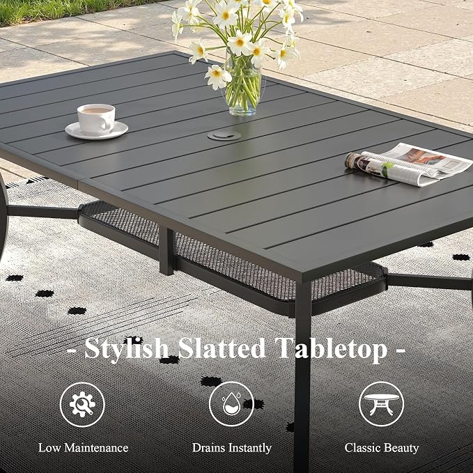 Outdoor Dining Set for 6, 59.2" Metal Outdoor Dining Table with Umbrella Hole and Sling Patio Swivel Chairs, 7 Pieces Patio Table and Chairs Set for Garden Backyard, Dark Blue and Black