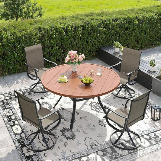 DIFY 5 Pieces Outdoor Dining Set for 4, Outdoor Furniture Set of 4 Brown Textilene Swivel Patio Chairs, 47.2" Walnut Round Metal Dining Table Set with Umbrella Hole, for Garden Deck Backyard