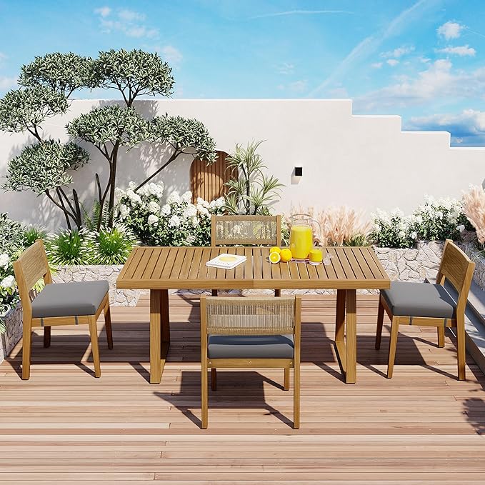 5 Pieces Outdoor Acacia Wood Dining Table Set with 63" L Table and 4 Chairs, Multi-Person Patio Dinner Set with Thick Cushions for Balcony, Backyard, Garden or Poolside, Natural Gray