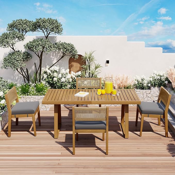 5-Piece Set Acacia Wood Dining Table and Chair Set, ll-Weather Outdoor Conversation Set Gathering Set.Thick Cushions, Suitable for Balcony, Vourtyard, and Garden (Gray@093)