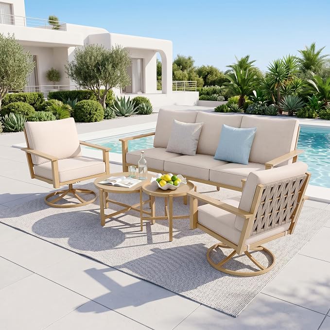 SUNSHINE VALLEY Patio Conversation Set,5 Pcs Metal Outdoor Furniture with 3-Seater Sofa,2 Swivel Chairs,Metal Nested Table and 5.75" Extra Thick Cushion for Lawn Garden Backyard,Beige