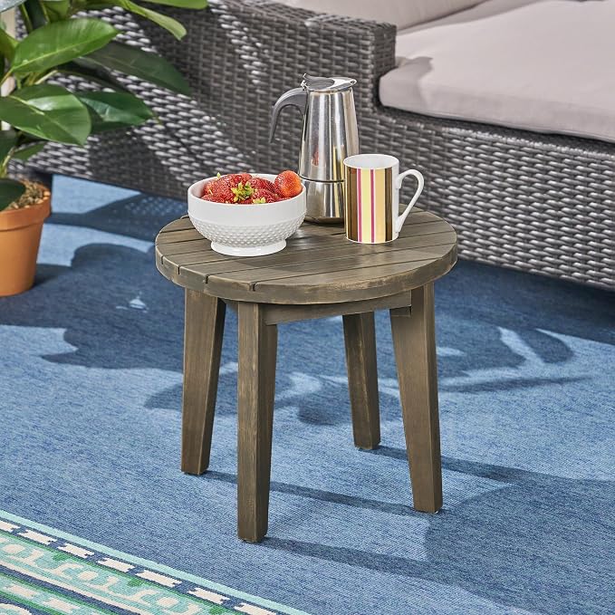 Round Patio Side Table Acacia Wood End Table with Slat Panel Design Rustic Outdoor Accent Table for Garden Backyard Pool Deck Living Room Weather Resistant Easy Maintenance, Gray