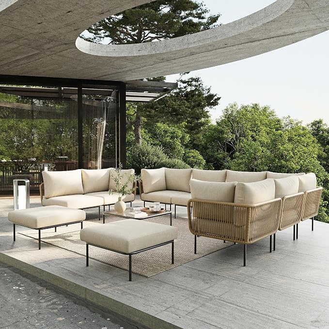 11 Piece Modern Outdoor Rope Wicker Sectional Patio L-Shaped Conversation Sofa Set Deep Seating with Thick Cushions