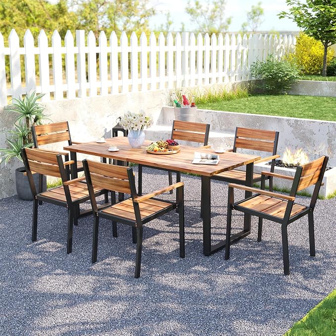 COSTWAY Outdoor Dining Set for 6, 63’’ x 32’’ Acacia Wood & Metal Patio Dining Table with 2'' Umbrella Hole, 6 Stackable Chairs, Ergonomic Armrests, 7 Pieces Dining Set for Backyard, Deck, Patio
