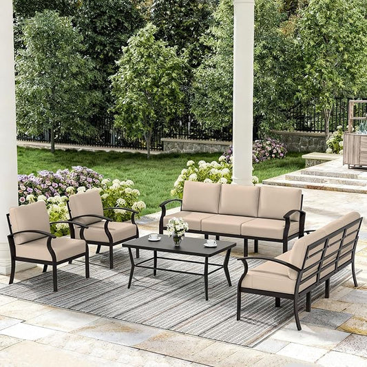 ALAULM Aluminum Patio Furniture Set with Coffee Table Rectangular, 8-seat Outdoor Sectional Furniture w/5.1" Cushions, Patio Conversation Set for Porch, Backyard, Poolside-Sand