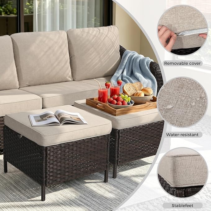 7 Piece Patio Wicker Conversation Set, All-Weather Use Outdoor Wicker Loveseat with 2 PE Rattan Ottomans,4 Chair, Ideal for Porch, Backyard, Balcony, Poolside, Beige