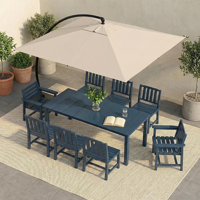 9-Pc Outdoor Dining Set, 10x10FT Cantilever Umbrella for 8,Navy Blue | HDPE table, chairs included, aluminum frame, weather-resistant furniture, perfect for yard, lawn, garden, deck