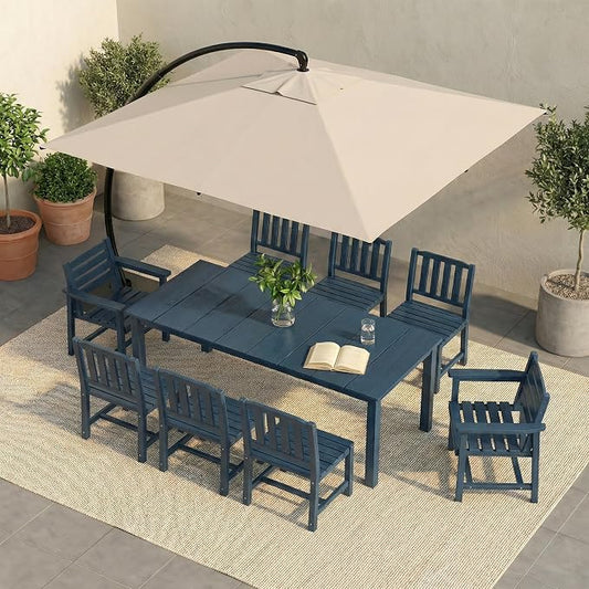 9-Pc Outdoor Dining Set, 10x10FT Cantilever Umbrella for 8,Navy Blue | HDPE table, chairs included, aluminum frame, weather-resistant furniture, perfect for yard, lawn, garden, deck