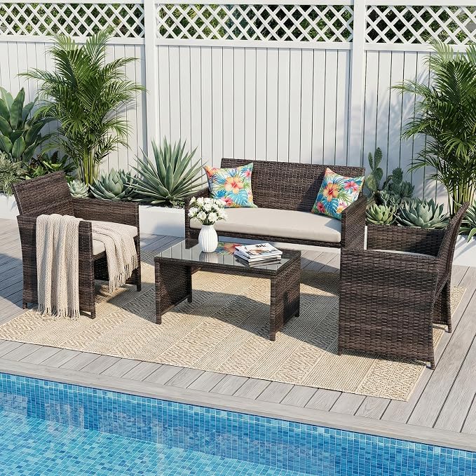 Garvee 4-Piece Patio Furniture Set, PE Rattan Outdoor Conversation Set with Cushions & Tempered Glass Table, All-Weather Wicker Patio Table and Chairs Set for Patio, Porch, Backyard, Brown and Beige
