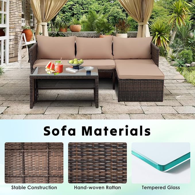 Tappio 3 Pieces Patio Furniture Sectional Sets, 3-Piece Outdoor PE Rattan Furniture Sets, Outdoor All-Weather PE Rattan Wicker Lawn Conversation Sets with Cushion and Glass Table