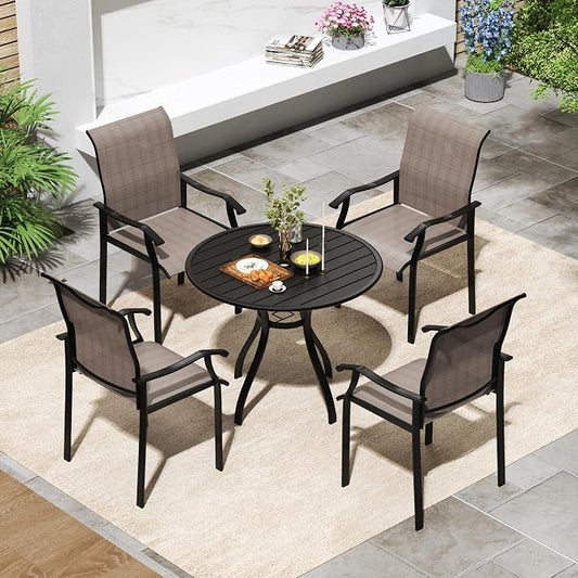 LVUYOYO 5-Piece Outdoor Patio Dining Set, Textilene Dining Chairs & Round Table Set, All-Weather Table and Chairs Set with Umbrella Hole for Backyard, Garden,Balcony,Porch (Brown)