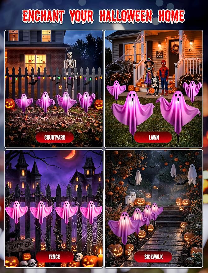 11.5FT Halloween Ghost Pathway Lights Outdoor, 4 Pack Purple Walkway lights | Shatterproof, Waterproof, Plug in and Hanging Ghost lights, Halloween Decorations Outdoor for Lawn Driveway Garden Yard Decor