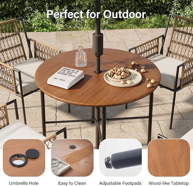 LAUSAINT HOME 5 Piece Outdoor Patio Dining Set, PE Rattan Patio Furniture Set with 4 Cushioned Armchairs & 1 Round Dining Table with Umbrella Hole, Steel Frame for Backyard, Porch, Poolside, Beige